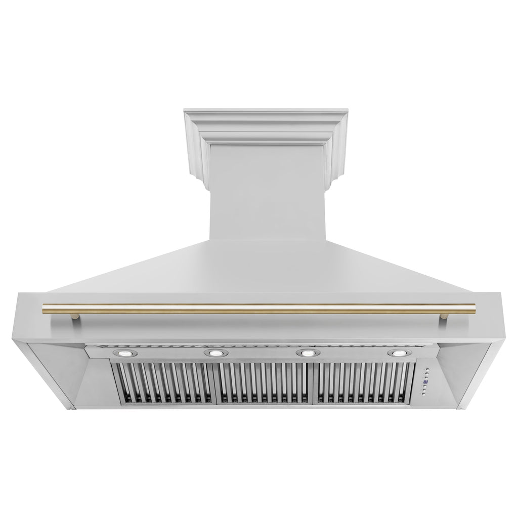 ZLINE 48 Inch Wall Mount Range Hood Stainless Steel Gold Handle Autograph Edition 8654STZ-48-G