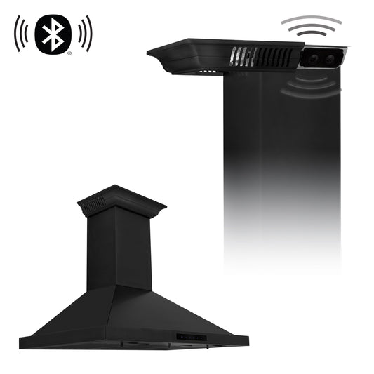 ZLINE 42 in. Wall Mount Range Hood Black Stainless Steel Bluetooth Crown Molding Included (BSKBNCRN-BT-42)