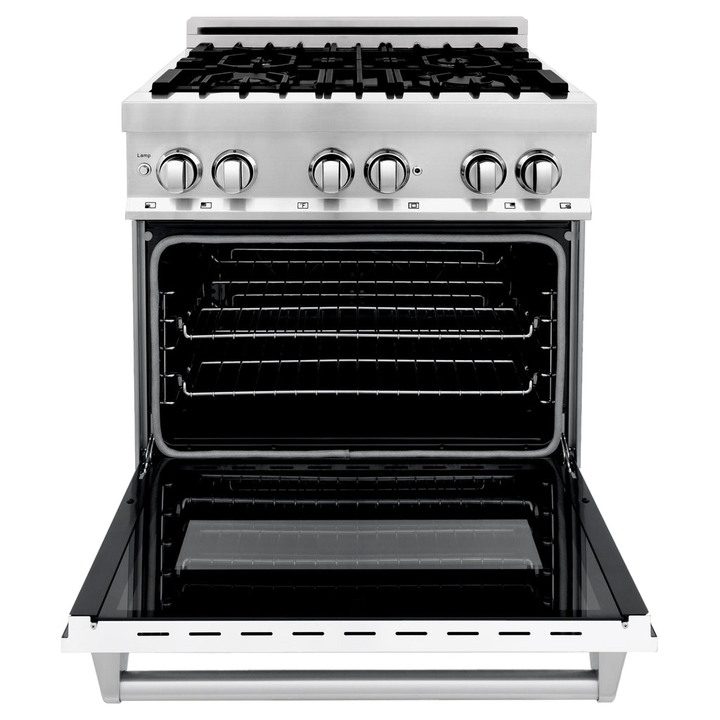 ZLINE 30-Inch Dual Fuel Range with Gas Burners, Electric Oven, Griddle, and White Matte Door in Stainless Steel (4.0 cu. ft.), Model RA-WM-GR-30