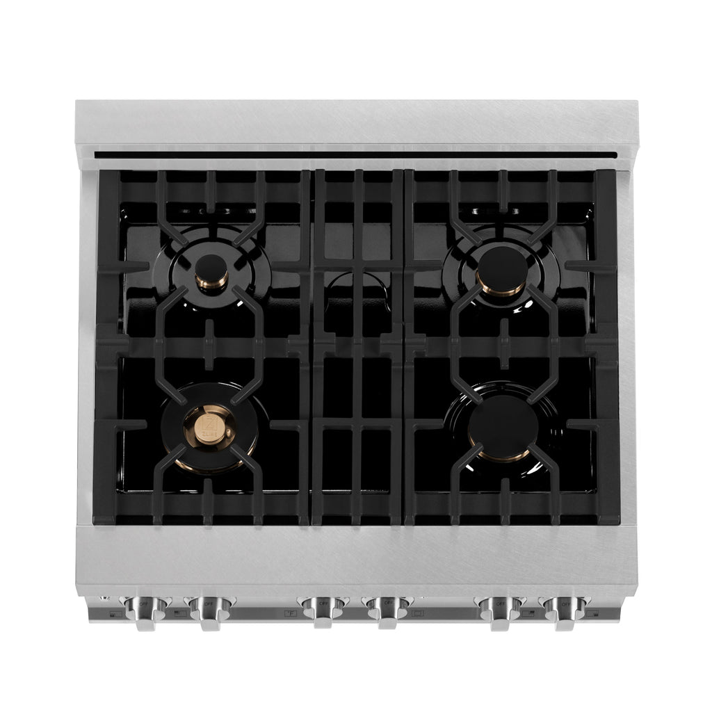ZLINE 30 in. Legacy Dual Fuel Range, 4.0 cu. ft., Gas Cooktop with 4 Brass Burners and Griddle, Electric Convection Oven, Satin Stainless Steel, Model RAS-SN-BR-GR-30