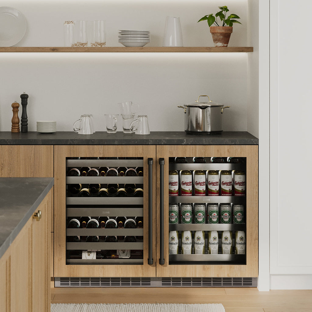 ZLINE Autograph 24" Touchstone 151 Can Beverage Fridge with Panel Ready Glass Door and Matte Black Handle,  RBSPOZ-24-MB