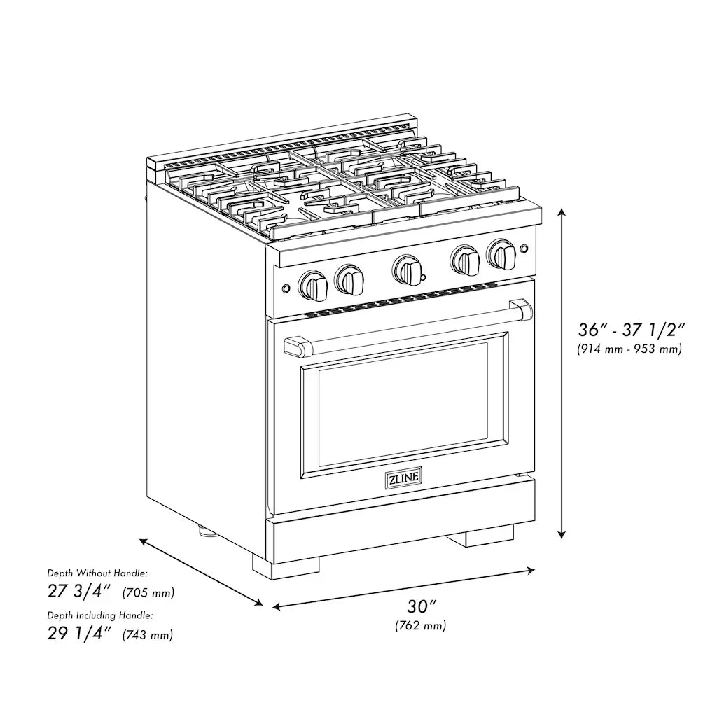 ZLINE 30-Inch Paramount Gas Range 4.2 cu. ft. Convection Oven with 4 Burners, Satin Stainless Steel (SGRS-30)