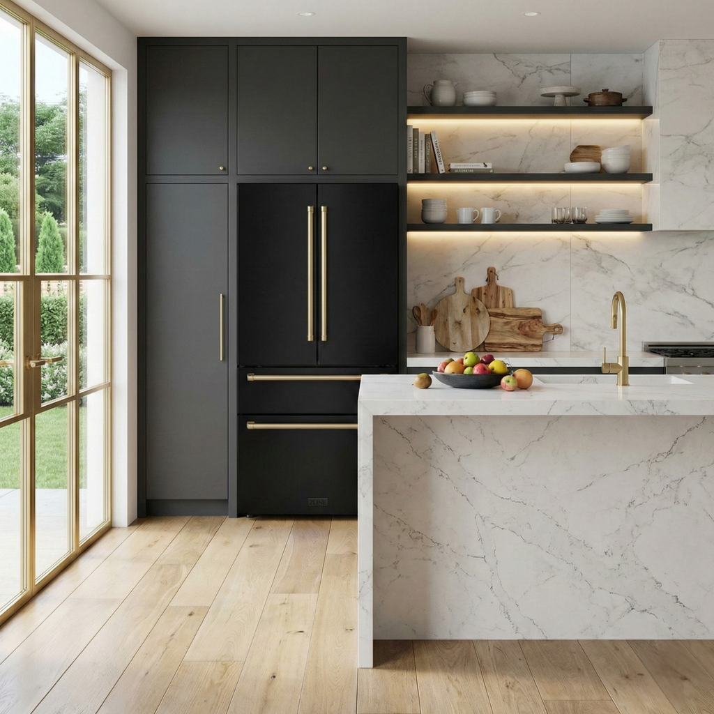 ZLINE Kitchen and Bath 36-Inch French Door Refrigerator 22.5 cu. ft. Counter-Depth Ice Maker Black Stainless Steel with Champagne Bronze Accents (RFMZ-36-BS-CB)
