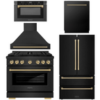 ZLINE Autograph Appliance Package - 36" Dual Fuel Range, Range Hood, 36" Refrigerator with Ice Maker, 24" Microwave Drawer and Dishwasher in Black Stainless Steel with Champagne Bronze Accents