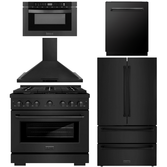 ZLINE Appliance Package - 36" Dual Fuel Range, Range Hood, 36" Refrigerator with Ice Maker, 24" Microwave Drawer and Dishwasher in Black Stainless Steel