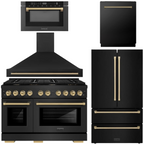 ZLINE Autograph Appliance Package - 48" Dual Fuel Range, Range Hood, 36" Refrigerator with Ice Maker, 24" Microwave Drawer and Dishwasher in Black Stainless Steel with Champagne Bronze Accents