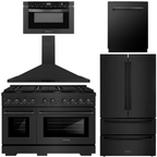 ZLINE Appliance Package - 48" Dual Fuel Range, Range Hood, 36" Refrigerator with Ice Maker, 24" Microwave Drawer and Dishwasher in Black Stainless Steel