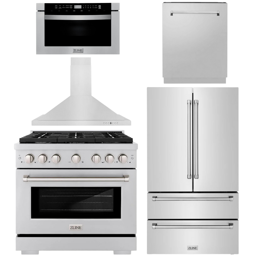ZLINE Appliance Package - 36" Dual Fuel Range, Range Hood, 36" Refrigerator with Ice Maker, 24" Microwave Drawer and Dishwasher in Stainless Steel