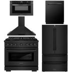 ZLINE Appliance Package - 36" Gas Range, Range Hood, 36" Refrigerator with Ice Maker, 24" Microwave Drawer and Dishwasher in Black Stainless Steel