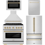 ZLINE Autograph Appliance Package - 36" Gas Range, Range Hood, 36" Refrigerator with Ice Maker, 24" Microwave Drawer and Dishwasher in Stainless Steel with Polished Gold Accents