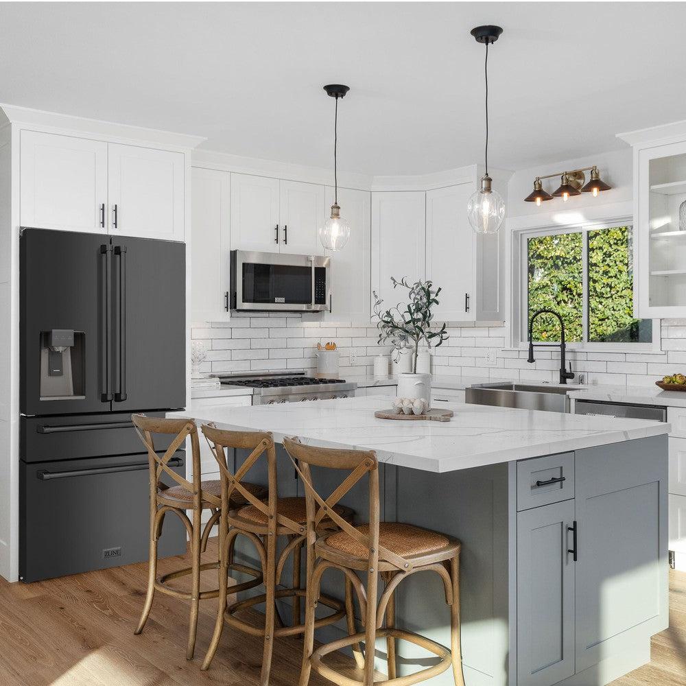ZLINE Appliance Package - 30" Dual Fuel Range, Range Hood, 36" Refrigerator with Water/Ice Dispenser, 24" Microwave Drawer and Dishwasher in Black Stainless Steel