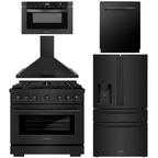 ZLINE Appliance Package - 36" Dual Fuel Range, Range Hood, 36" Refrigerator with Water/Ice Dispenser, 24" Microwave Drawer and Dishwasher in Black Stainless Steel