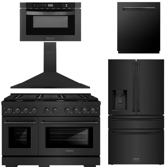 ZLINE Appliance Package - 48" Dual Fuel Range, Range Hood, 36" Refrigerator with Water/Ice Dispenser, 24" Microwave Drawer and Dishwasher in Black Stainless Steel