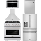 ZLINE Appliance Package - 30" Dual Fuel Range, Range Hood, 36" Refrigerator with Water/Ice Dispenser, 24" Microwave Drawer and Dishwasher in Stainless Steel