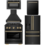 ZLINE Autograph Appliance Package - 30" Gas Range, Range Hood, 36" Refrigerator with Water/Ice Dispenser, 24" Microwave Drawer and Dishwasher in Black Stainless Steel with Polished Gold Accents