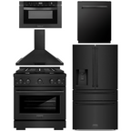 ZLINE Appliance Package - 30" Gas Range, Range Hood, 36" Refrigerator with Water/Ice Dispenser, 24" Microwave Drawer and Dishwasher in Black Stainless Steel