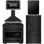 ZLINE Appliance Package - 36" Gas Range, Range Hood, 36" Refrigerator with Water/Ice Dispenser, 24" Microwave Drawer and Dishwasher in Black Stainless Steel