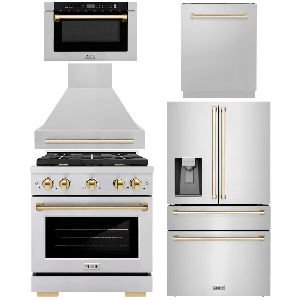 ZLINE Autograph Appliance Package - 30" Gas Range, Range Hood, 36" Refrigerator with Water/Ice Dispenser, 24" Microwave Drawer and Dishwasher in Stainless Steel with Polished Gold Accents