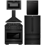 ZLINE Appliance Package - 30" Gas Range, Range Hood, 36" Refrigerator with Ice Maker, 24" Microwave Drawer and Dishwasher in Black Stainless Steel