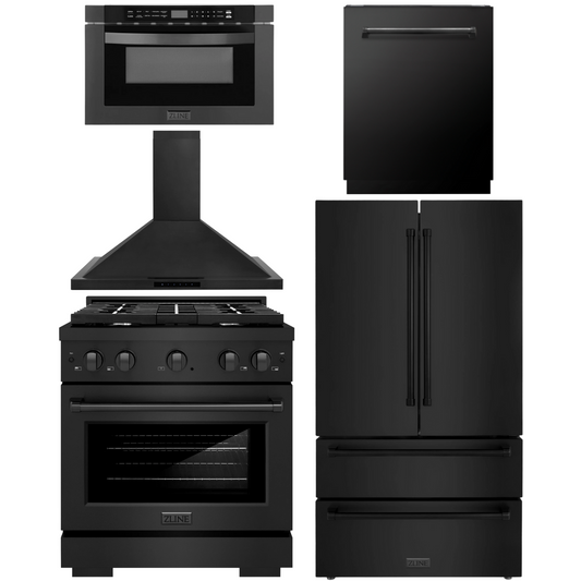 ZLINE Appliance Package - 30" Gas Range, Range Hood, 36" Refrigerator with Ice Maker, 24" Microwave Drawer and Dishwasher in Black Stainless Steel