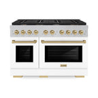 ZLINE Autograph 48 in. 6.7 cu. ft. Paramount Double Oven Gas Range with 8 Burners, Satin Stainless Steel, White Matte Doors & Champagne Bronze Accents (SGRSZ-WM-48-CB)