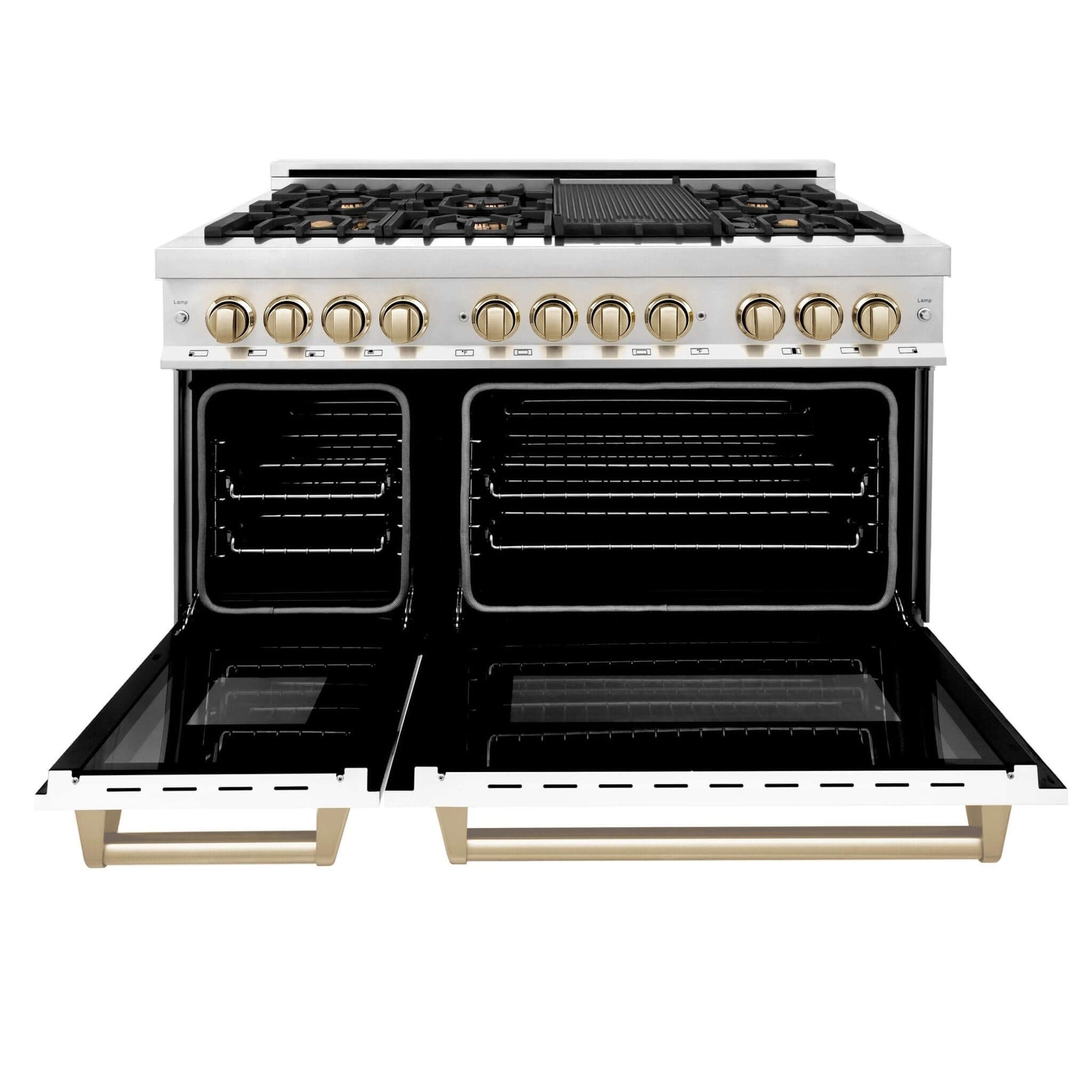 ZLINE Autograph Edition 48 in. 6.0 cu. ft. Dual Fuel Range with Gas Cooktop and Electric Convection Oven, White Matte Door with Polished Gold Accents (RAZ-WM-48-G)