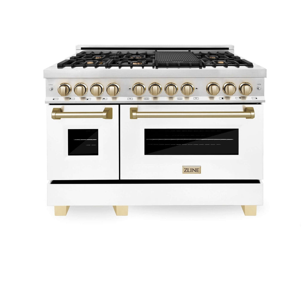 ZLINE Autograph Edition 48 in. 6.0 cu. ft. Dual Fuel Range with Gas Cooktop and Electric Convection Oven, White Matte Door with Polished Gold Accents (RAZ-WM-48-G)