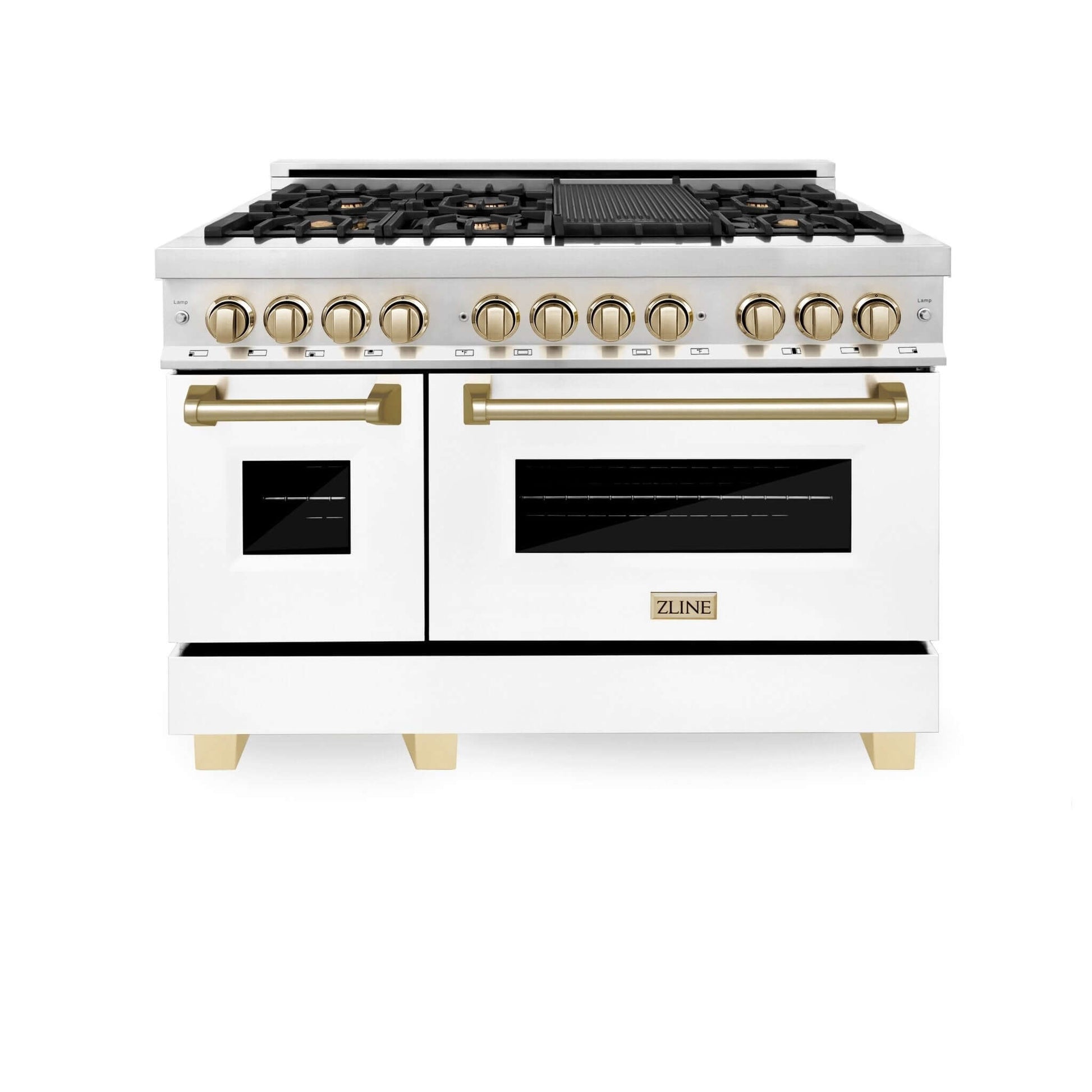 ZLINE Autograph Edition 48 in. 6.0 cu. ft. Dual Fuel Range with Gas Cooktop and Electric Convection Oven, White Matte Door with Polished Gold Accents (RAZ-WM-48-G)