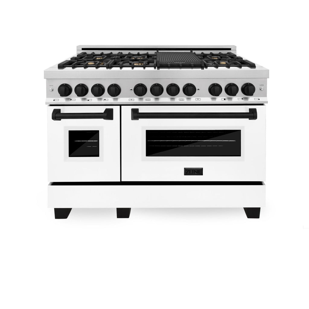 ZLINE Autograph Edition 48 in. 6.0 cu. ft. Dual Fuel Range with Gas Cooktop and Electric Convection Oven in Stainless Steel with White Matte Door and Matte Black Accents (RAZ-WM-48-MB)
