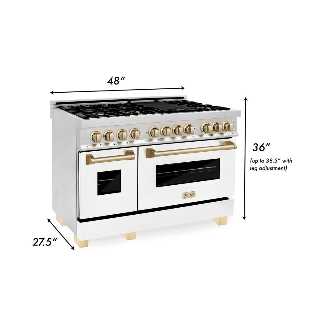 ZLINE Autograph Edition 48 in. 6.0 cu. ft. Dual Fuel Range with Gas Cooktop and Electric Convection Oven, White Matte Door with Polished Gold Accents (RAZ-WM-48-G)