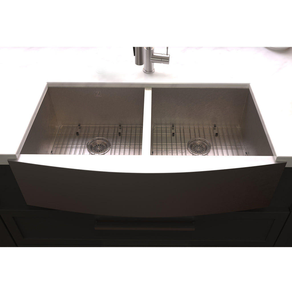 ZLINE 36" Niseko Farmhouse Apron Mount Double Bowl Satin Stainless Steel Kitchen Sink with Bottom Grid, SA50D-36S