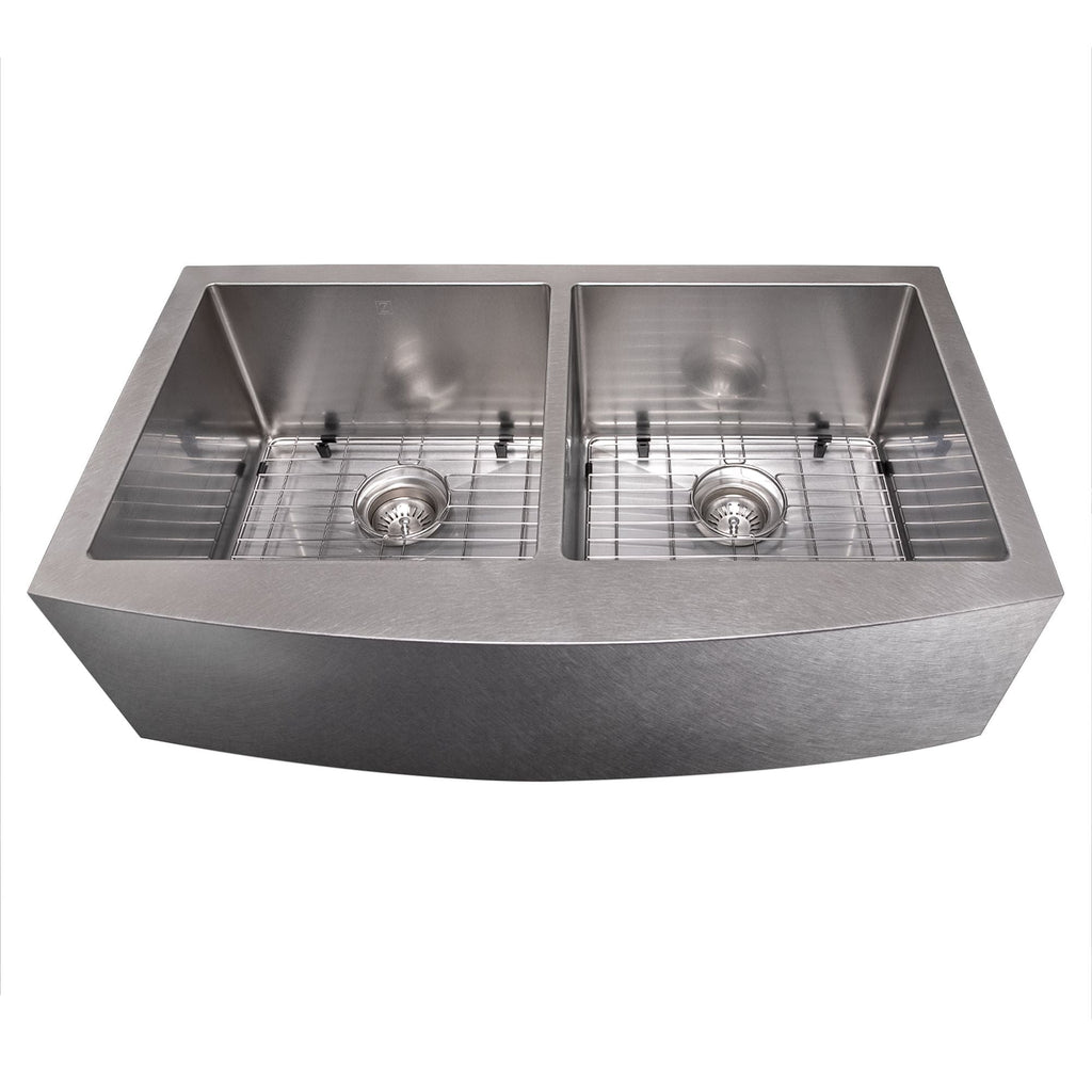 ZLINE 36" Niseko Farmhouse Apron Mount Double Bowl Satin Stainless Steel Kitchen Sink with Bottom Grid, SA50D-36S