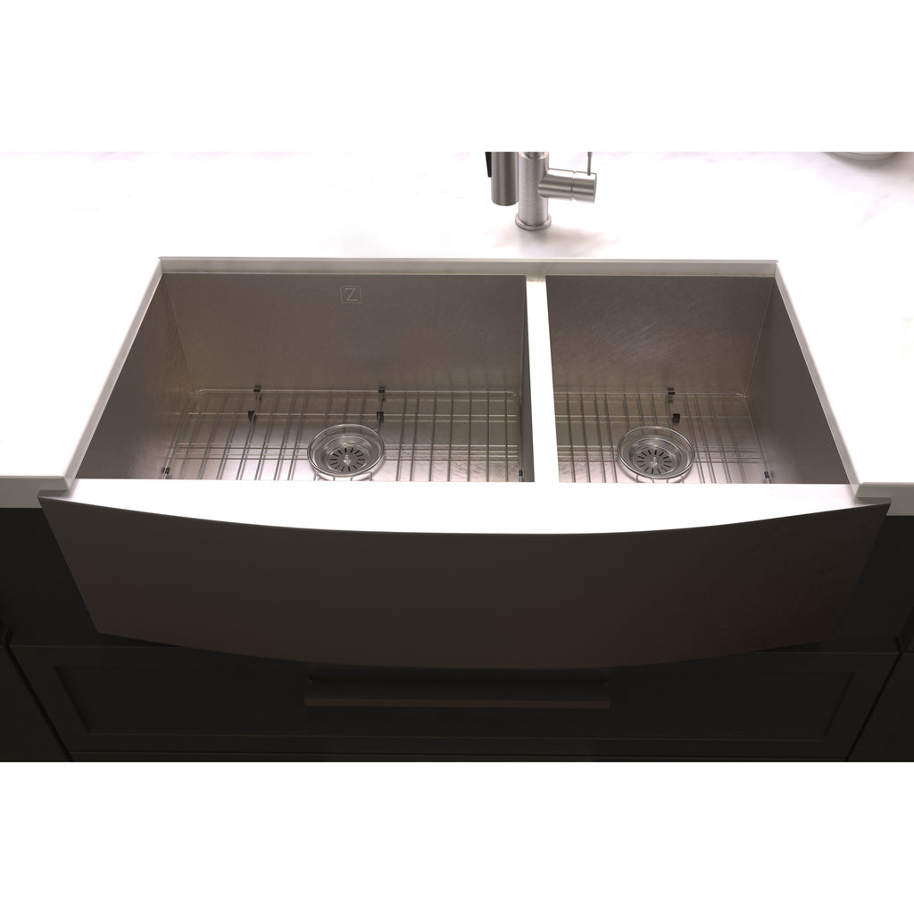ZLINE 36" Courchevel Farmhouse Apron Mount Double Bowl Satin Stainless Steel Kitchen Sink with Bottom Grid, SA60D-36S