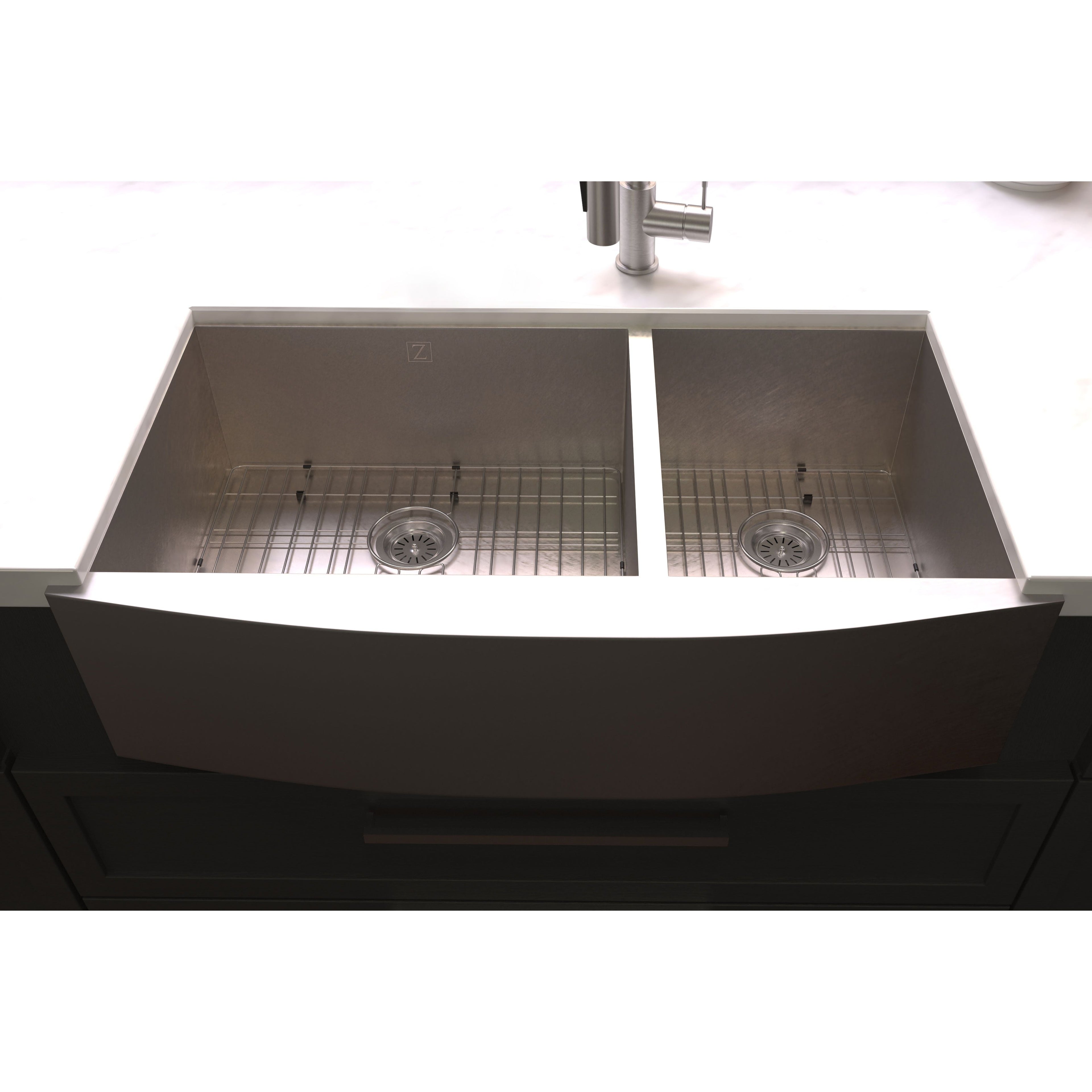 ZLINE 36" Courchevel Farmhouse Apron Mount Double Bowl Satin Stainless Steel Kitchen Sink with Bottom Grid, SA60D-36S
