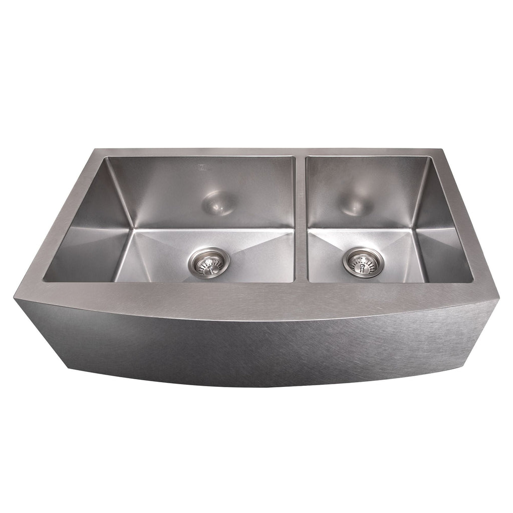 ZLINE 36" Courchevel Farmhouse Apron Mount Double Bowl Satin Stainless Steel Kitchen Sink with Bottom Grid, SA60D-36S
