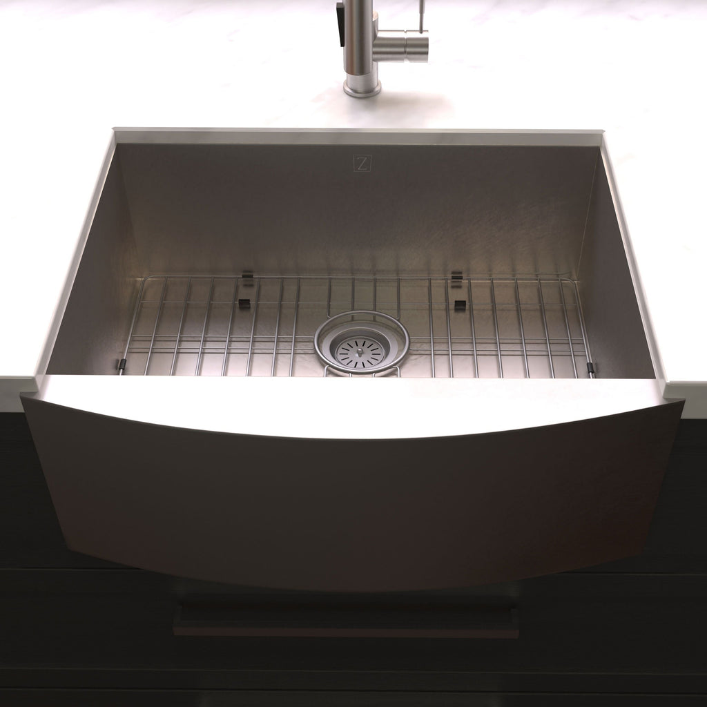 ZLINE 33" Vail Farmhouse Apron Mount Single Bowl Satin Stainless Steel Kitchen Sink with Bottom Grid, SAS-33S