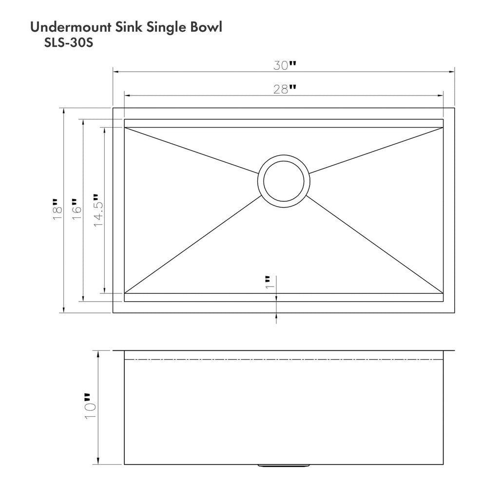 ZLINE 30" Garmisch Undermount Single Bowl Satin Stainless Steel Kitchen Sink with Bottom Grid and Accessories, SLS-30S