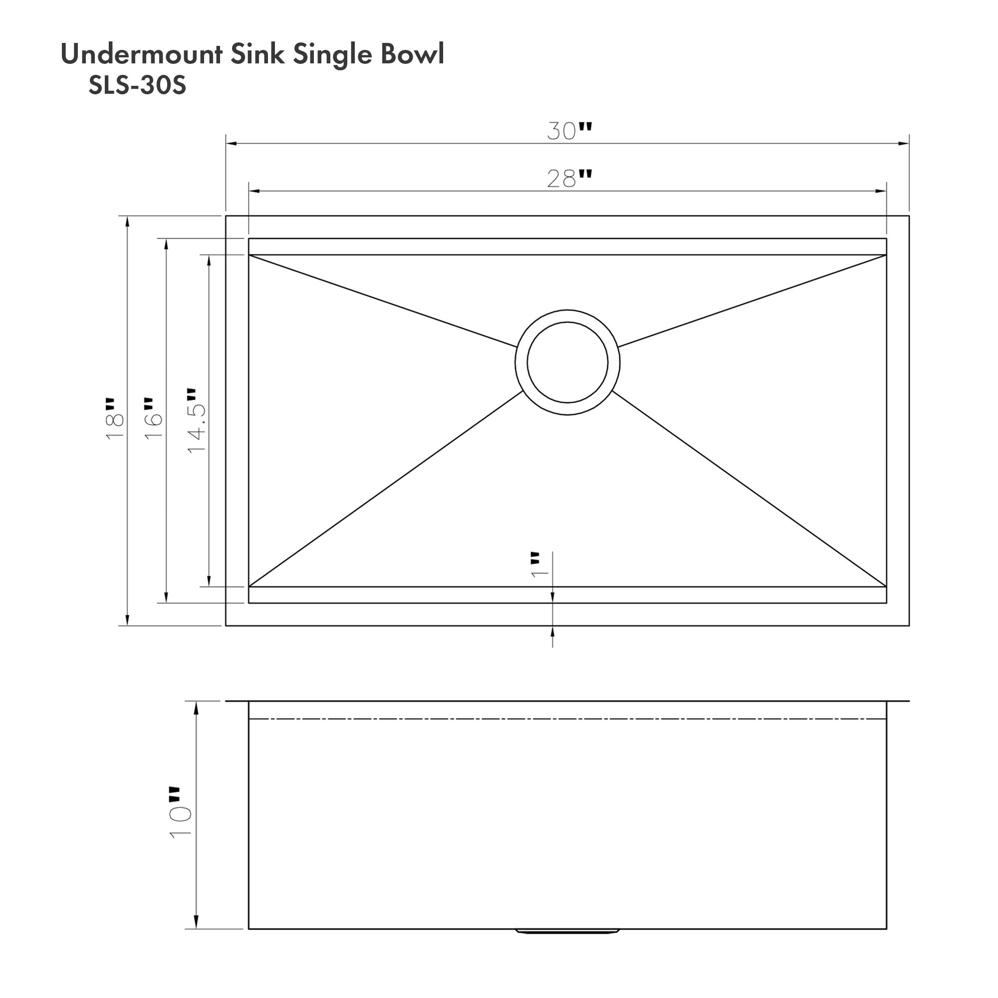 ZLINE 30" Garmisch Undermount Single Bowl Satin Stainless Steel Kitchen Sink with Bottom Grid and Accessories, SLS-30S