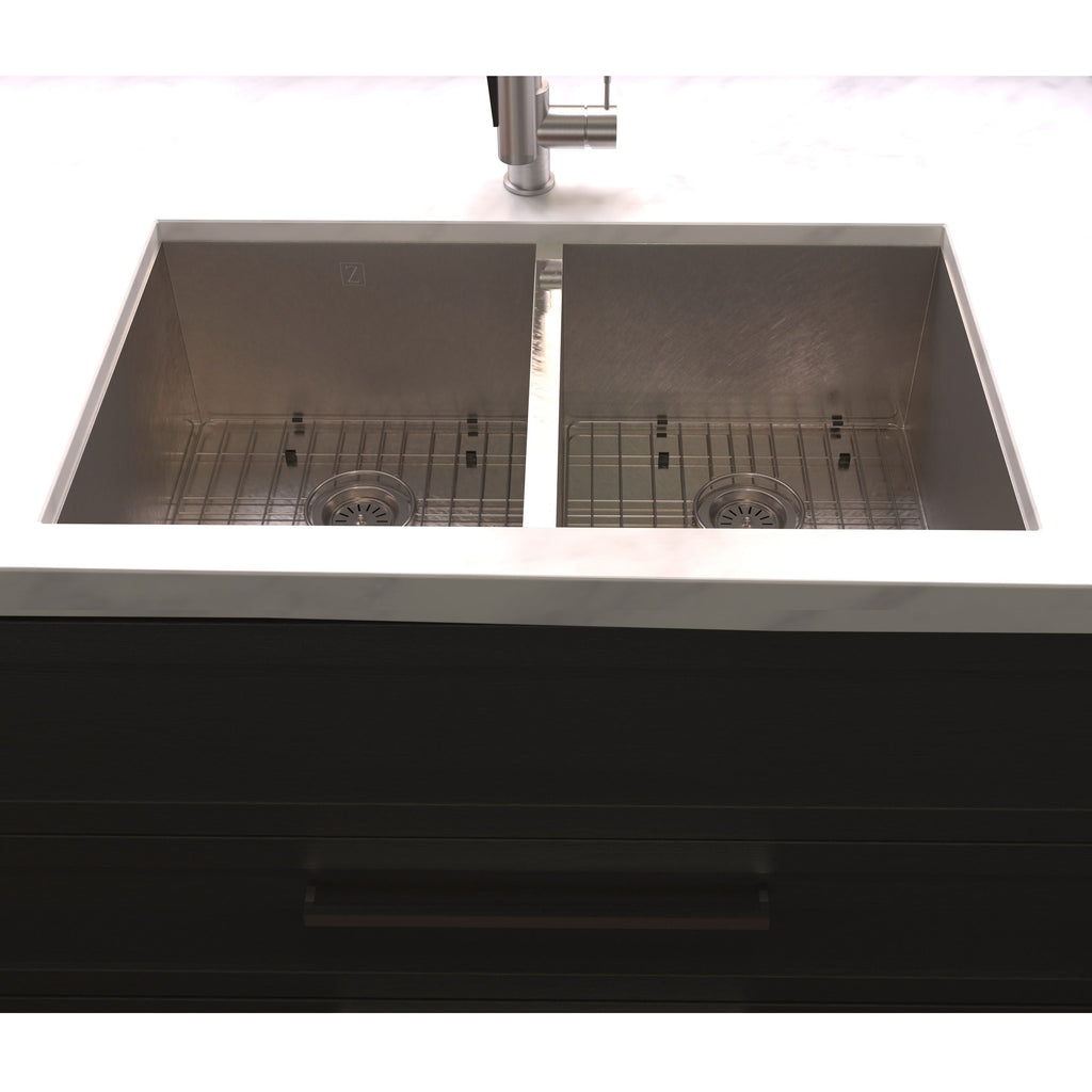 ZLINE 33" Anton Undermount Double Bowl Satin Stainless Steel Kitchen Sink with Bottom Grid, SR50D-33S