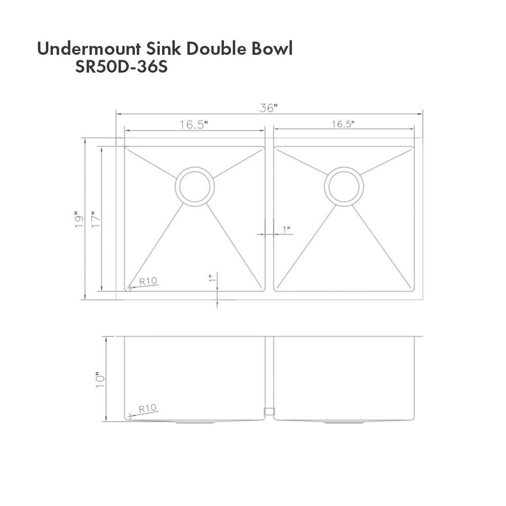 ZLINE 36" Anton Undermount Double Bowl Satin Stainless Steel Kitchen Sink with Bottom Grid, SR50D-36S