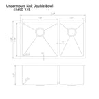ZLINE 33" Chamonix Undermount Double Bowl Satin Stainless Steel Kitchen Sink with Bottom Grid, SR60D-33S