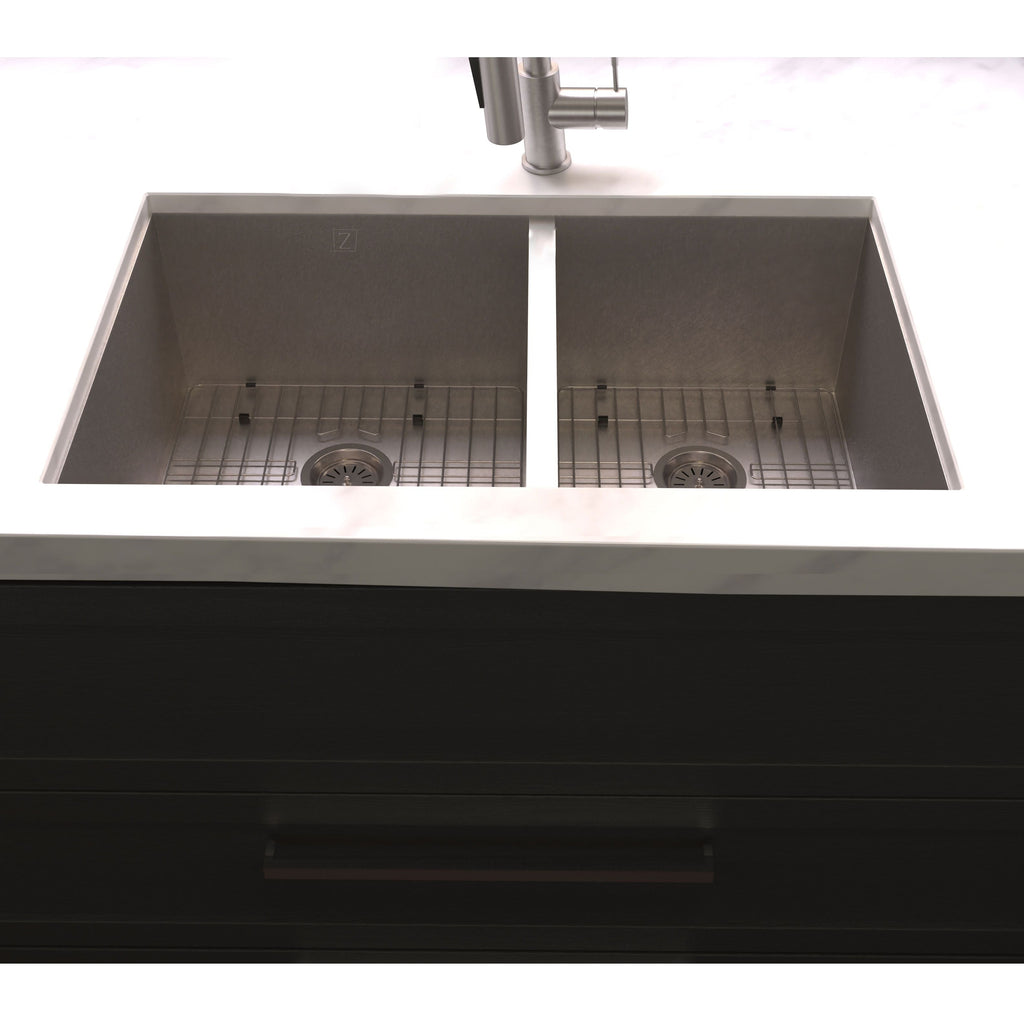 ZLINE 33" Chamonix Undermount Double Bowl Satin Stainless Steel Kitchen Sink with Bottom Grid, SR60D-33S