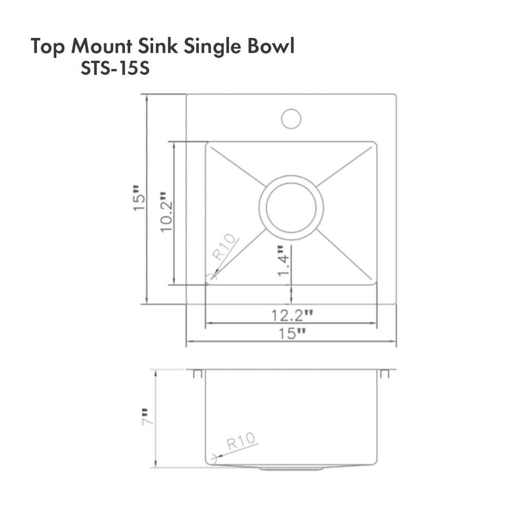 ZLINE 15" Donner Topmount Single Bowl Satin Stainless Steel Bar Kitchen Sink, STS-15S