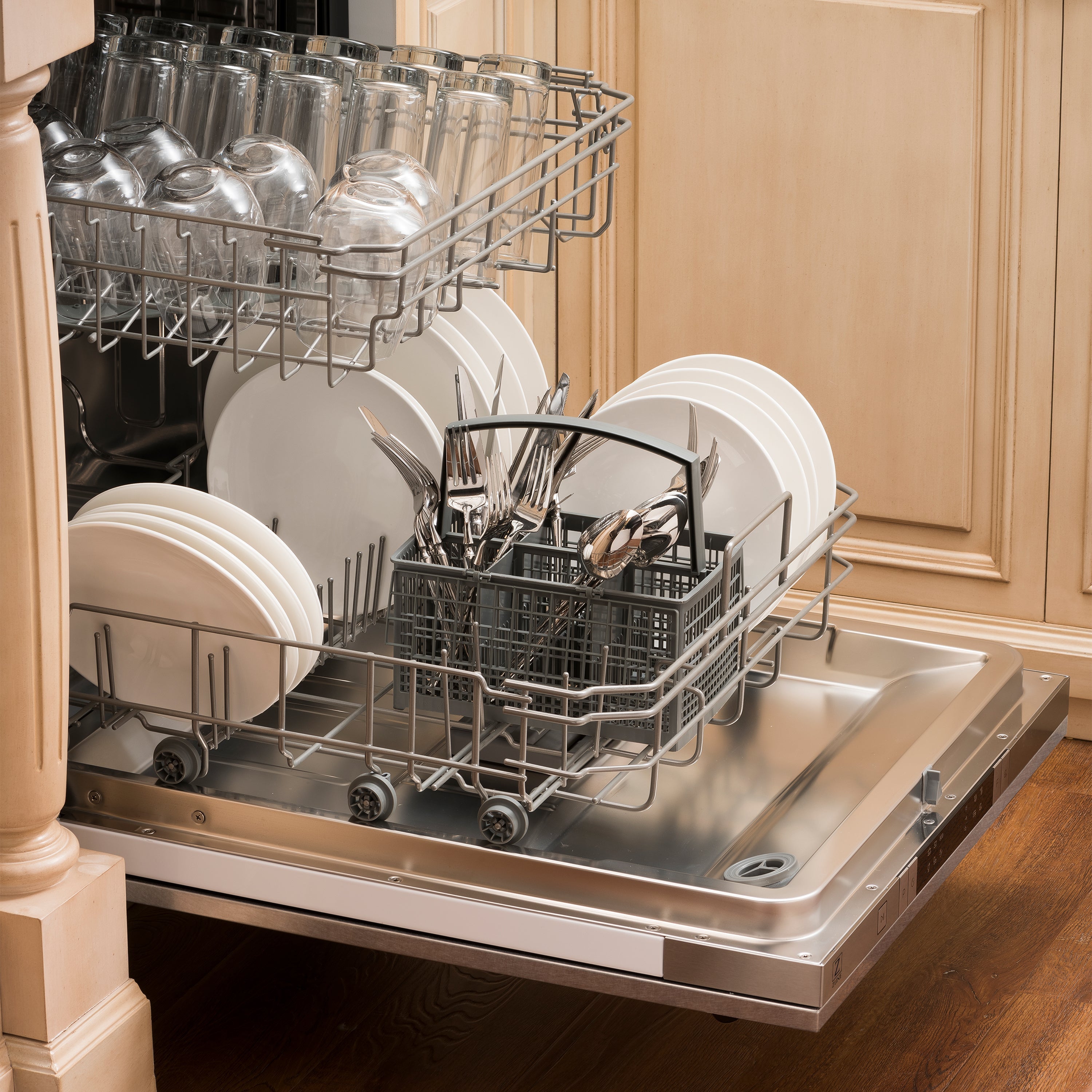 ZLINE 24" Top Control Built-In Dishwasher with Satin Stainless Steel Panel and Stainless Steel Tub with Traditional Style Handle, 52dBa, DW-SN-H-24