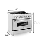 ZLINE 36 in. Kitchen Appliance Package with Satin Stainless Steel Stainless Dual Fuel Range, Ducted Vent Range Hood and Tall Tub Dishwasher, 3KP-RASRH36-DWV