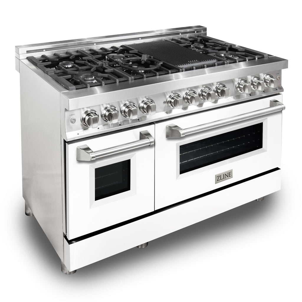 ZLINE 48-Inch Dual Fuel Range with Gas Cooktop, Electric Oven, Griddle, 6.0 cu. ft., White Matte Door, Stainless Steel (RA-WM-GR-48)