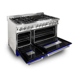 ZLINE 48 in. 6.0 cu. ft. Dual Fuel Range with 7 Gas Burners and Electric Convection Oven in Stainless Steel with Blue Gloss Door (RA-BG-48)