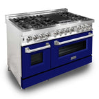 ZLINE 48 in. Dual Fuel Range with 7 Gas Burners and 6.0 cu. ft. Electric Convection Oven in Stainless Steel with Blue Matte Door (RA-BM-48)
