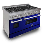 ZLINE Appliance Package - 48" Dual Fuel Range with Blue Gloss Door and Convertible Vent Range Hood in Satin Stainless Steel, 2KP-RASBGRH48