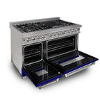 ZLINE Appliance Package - 48" Dual Fuel Range with Blue Gloss Door and Convertible Vent Range Hood in Satin Stainless Steel, 2KP-RASBGRH48